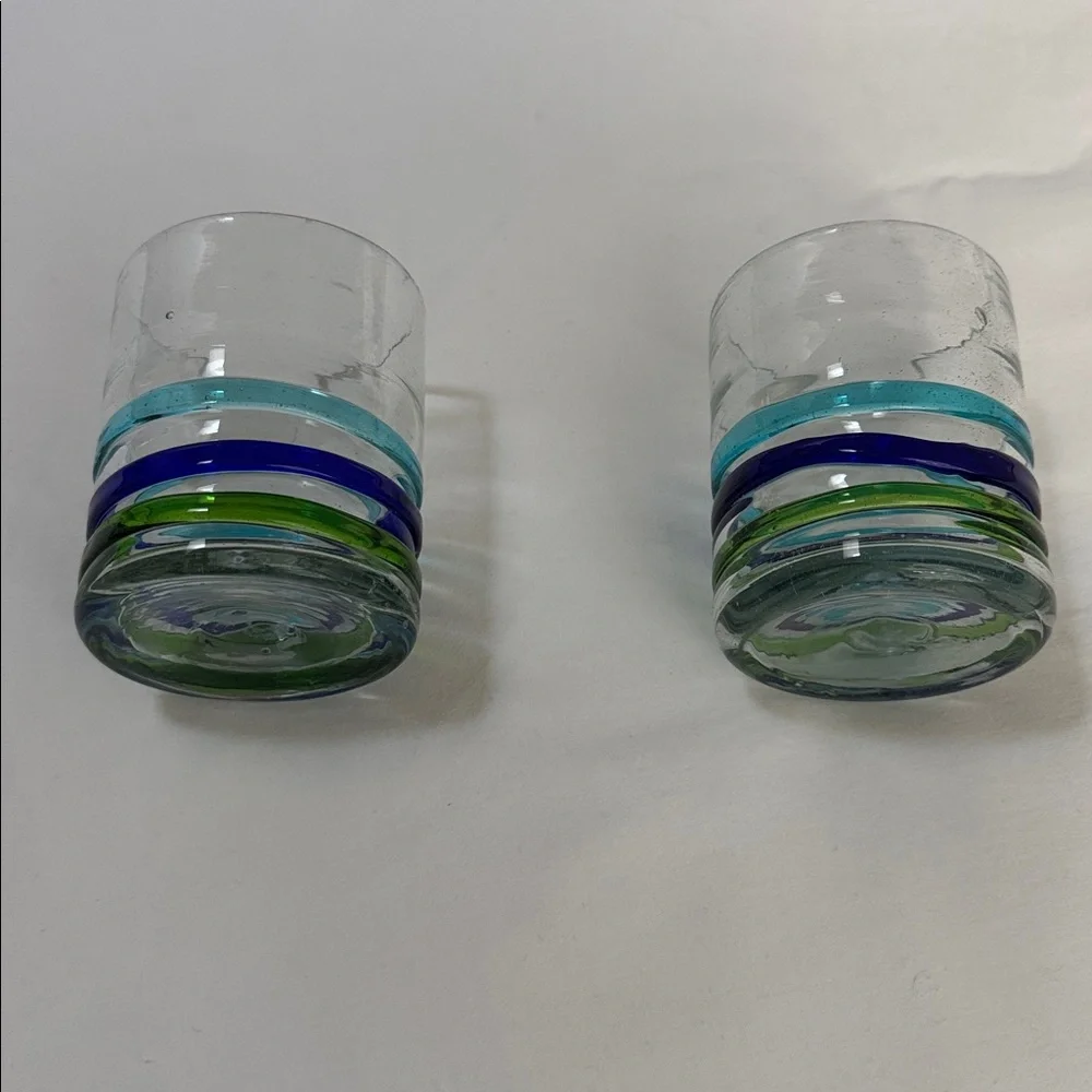 MEXICO HANDBLOWN TUMBLER GLASSES 2 SET STRIPES Cobalt Aqua Green Barware 12 oz